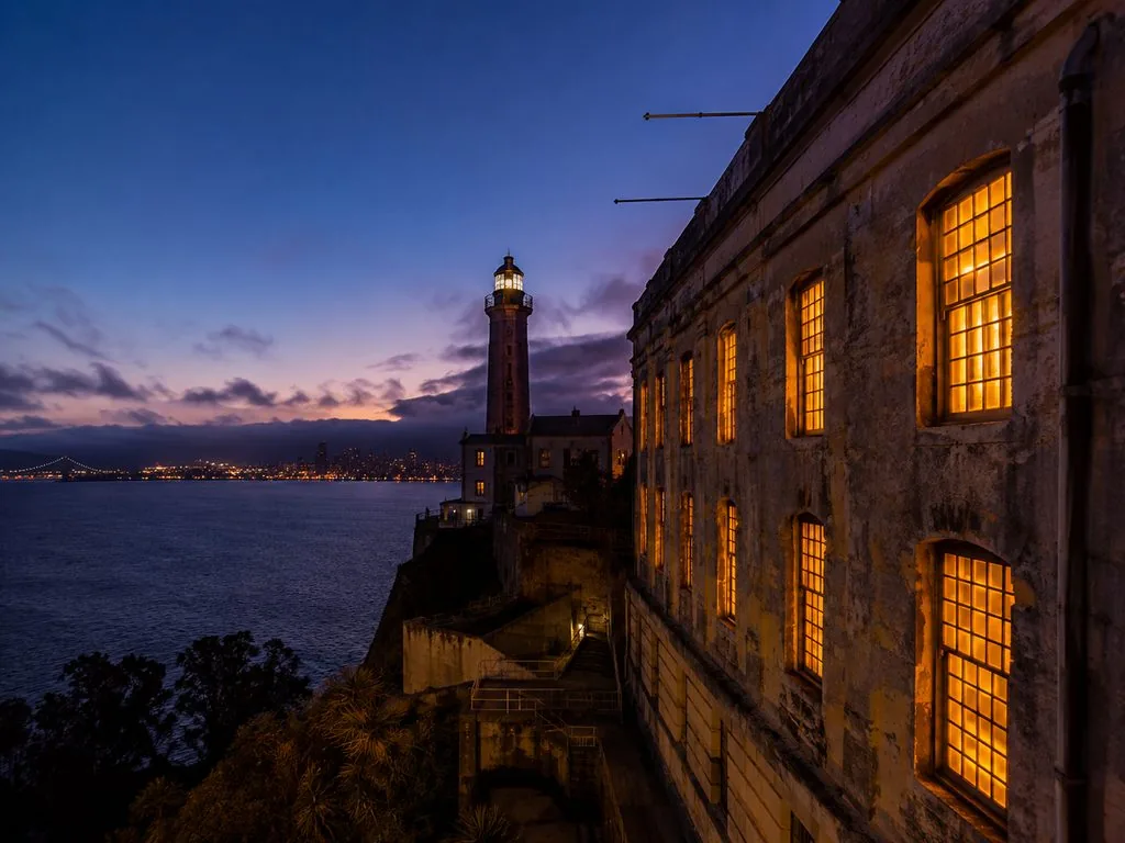 Das Zellenhaus von Alcatraz bei einem Abendbesuch
